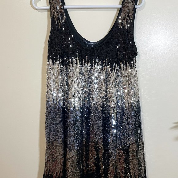 French Connection Estari ombre swing mini dress in silver & black Size L - Picture 2 of 7